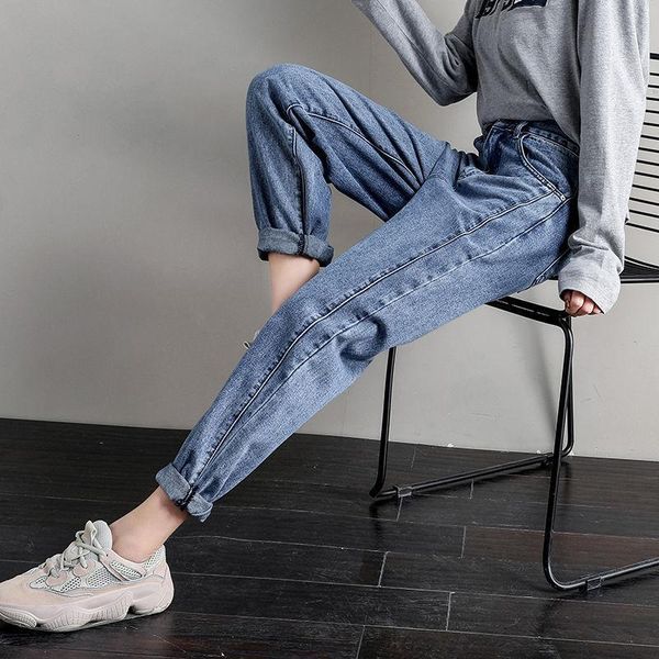

women harem jeans korean high waist denim boyfriend style pants fashion autumn casual trousers plus size women's, Blue