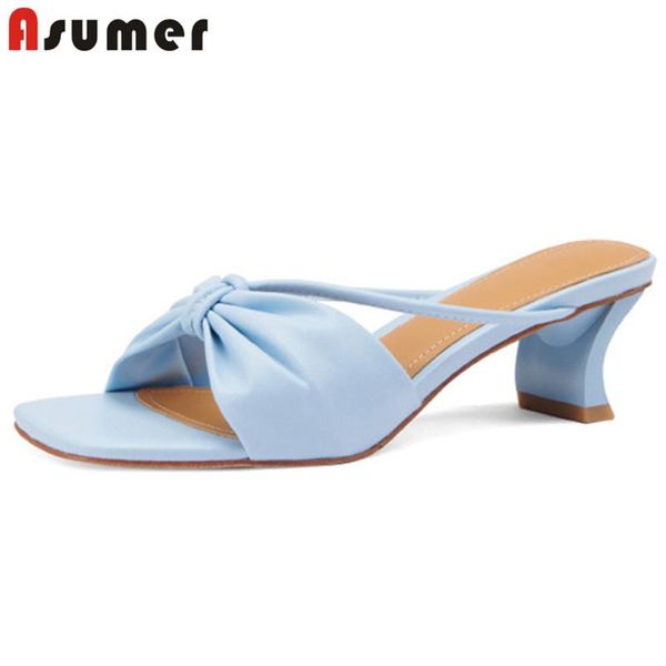 

asumer 2021 arrive women slipper bowknot high heels genuine leather shoes elegant summer party wedding lady slippers, Black