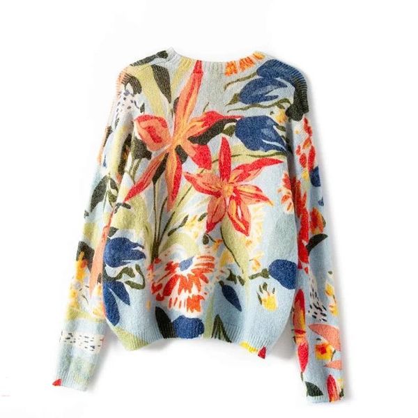 

sweater 2021 autumn and winter oil painting color printing mohair wool knit pullover women hmjg, White;black