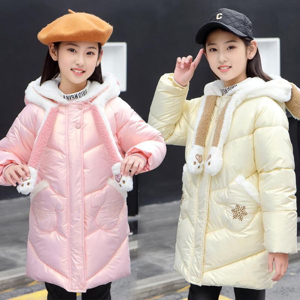 

down coat winter girls plus velvet hooded jacket teenage cute cartoon antlers kids mid-length thick warm outerwear children clothes, Blue;gray