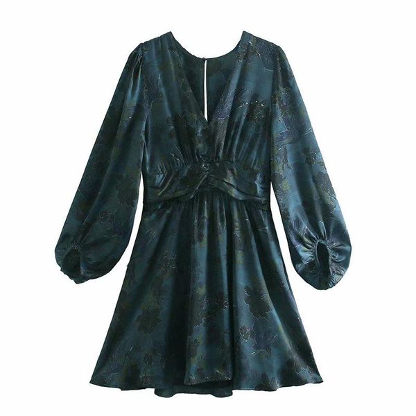 

women dress pleated floral print long sleeve v-neck above knee dresses female fashion casual clothes, Black;gray