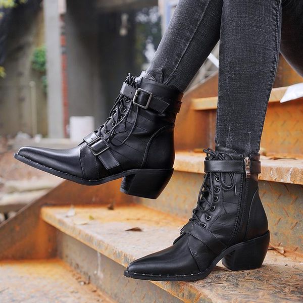 

boots genuine cow leathe flat bottom 2021 autumn zipper british style thick ankle women, Black