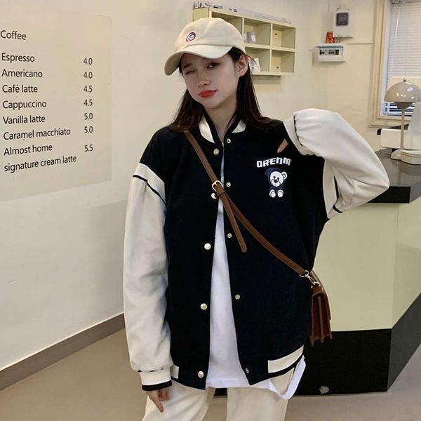 

personality bear letter coat women's autumn loose color matching single breasted baseball suit trend, Black;brown