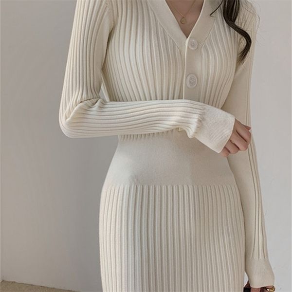 

white black jumper dresses winter v neck casual pollover solid sweater dres thick korean warm autumn woman knitted 211109, Black;gray