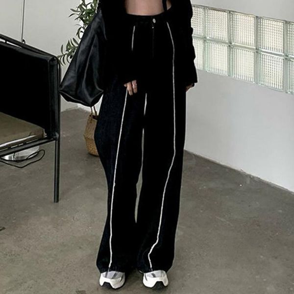 

women's jeans women black solid pants front line edge 2021 summer high waisted streetwear casual straight full length denim, Blue