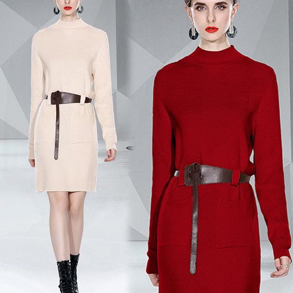 

casual dresses korean fashion winter dress women elegant high waist long sleeve knitted midi solid beige red for 2021 with belt, Black;gray