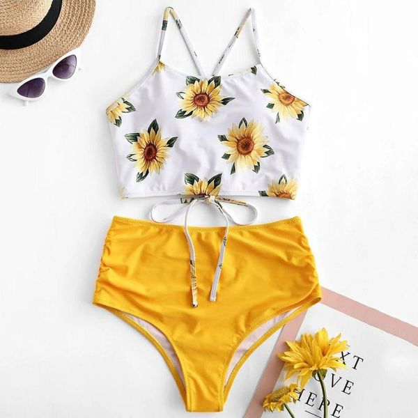 

women's swimwear high waist bikini 2021 push up swimsuit women 2 pieces set bathing suits woman swimming suit for sunflower print, White;black