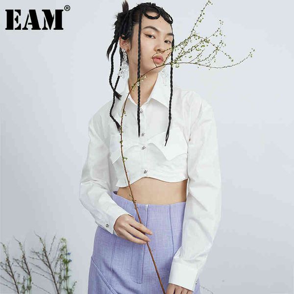 

[eam] women white hollow out bow backless blouse lapel long sleeve loose fit shirt fashion spring autumn 1dd7056 21512