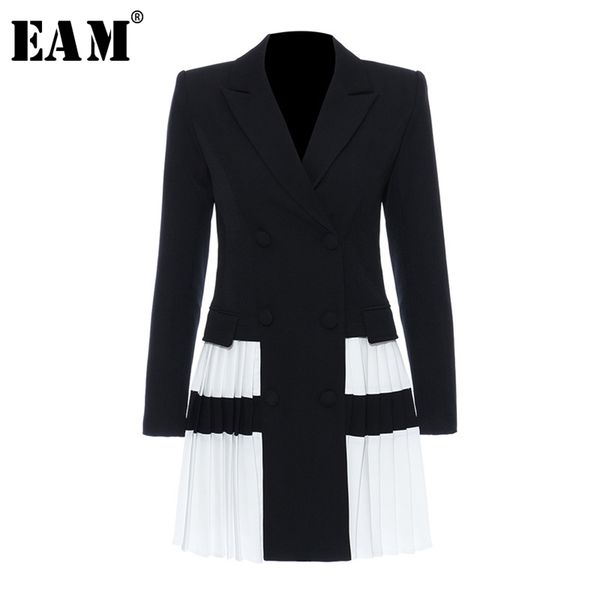 

[eam] women black contrast color pleated blazer lapel long sleeve loose fit jacket fashion spring autumn 1t306 211104, White;black