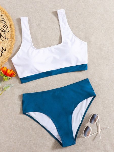 

plus color block high waisted bikini swimsuit 76ne#, Black