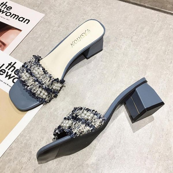

korean version of fashion half slippers women with a line beaded decoration thick heel square head high heels europe, Black