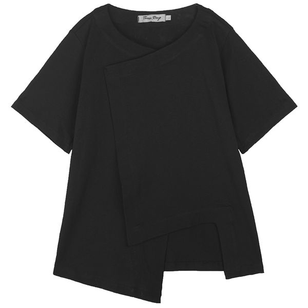 

eam women white split asymmetrical hemline t-shirt new round neck short sleeve fashion tide spring autumn 2021 19a-a598