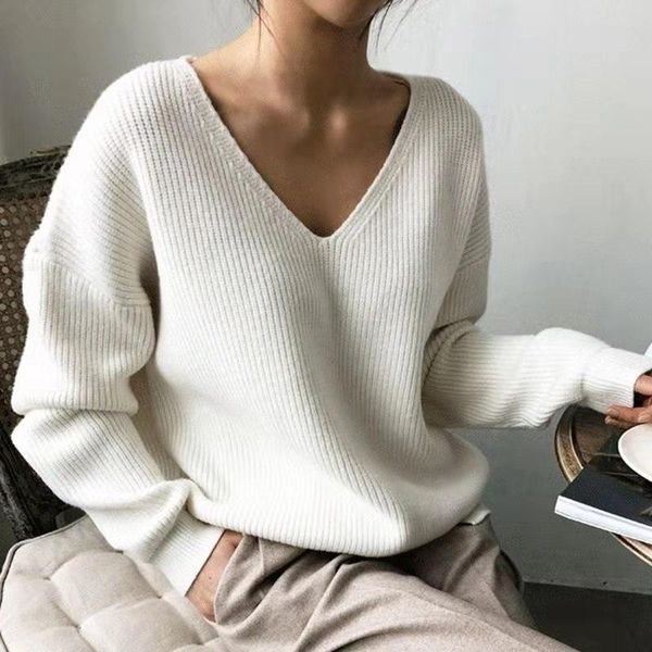 

women's sweaters v-neck knitted women oversized long sleeve pullover korean basic thick warm jumpers female elegant knitwear sweater, White;black