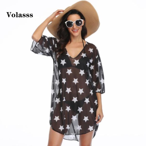 

women chiffon swimwear cover up wrap star pattern blouse beach dress bikinis cover-ups skirts summer bathing suit beachwear women's, White;black