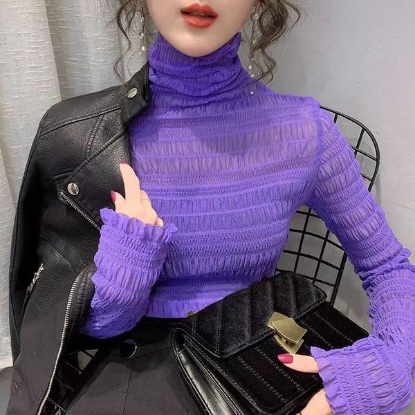 

spring women mesh blouse shirts ladies summer fashion see-through full sleeve soild color elastic blouses elegant x0521, White