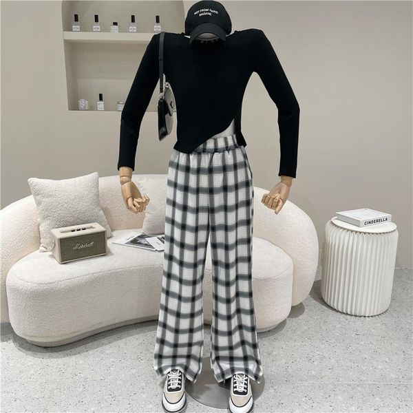 

two piece set women's spring summer 2021 fashion irregular split + black white plaid high waist casual pants