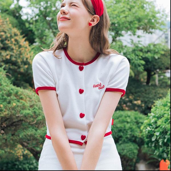 

sweet women shirts heart buttons embroidery short blouses design brand knitted korean fashion clothing young girl, White
