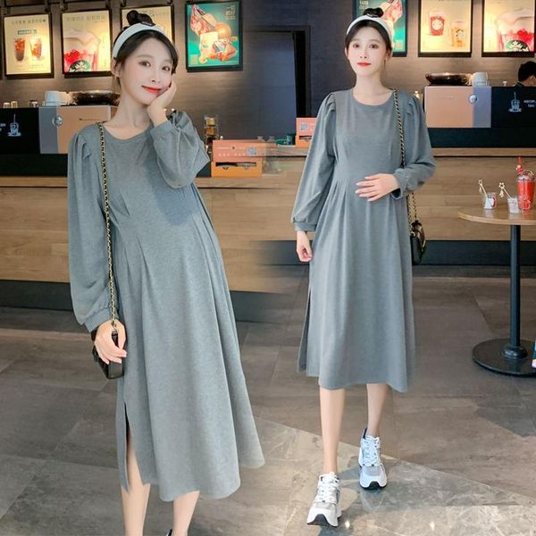 

spring long-sleeved fleece style pregnant women dress black grey lantern sleeve o-neck long loose maternity cotton dresses1, White