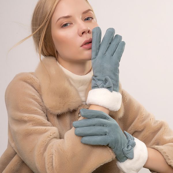 

suede touch screen gloves female thickened plush warm five finger wool mouth student lovely korean version, Blue;gray