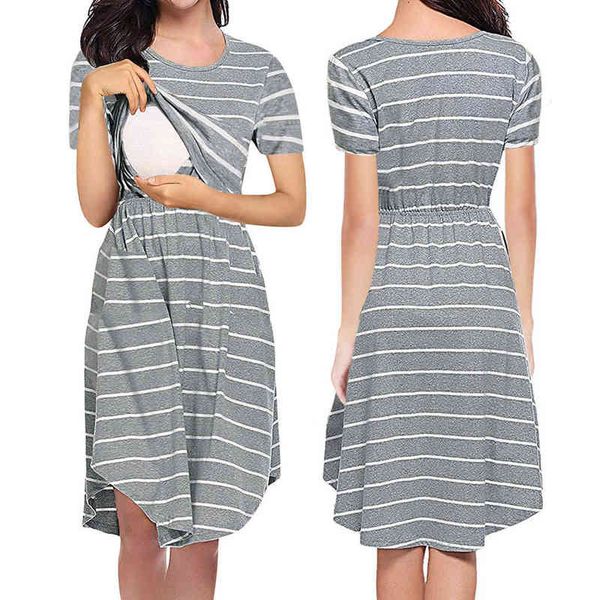 

new ladies maternity care striped summer dress maternity pajamas multifunctional mother breastfeeding patchwork dress g220309, White