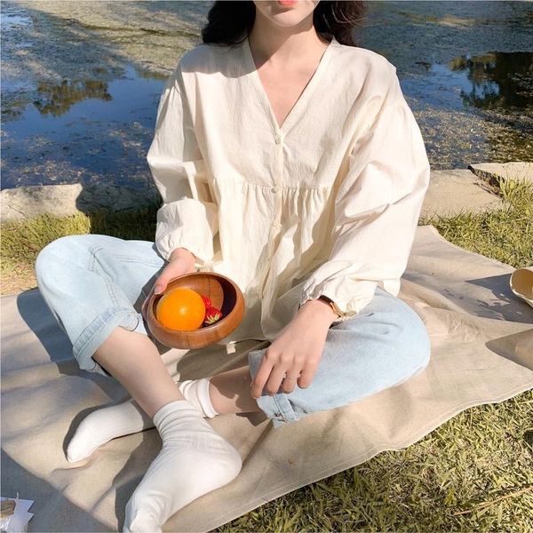 

women's t-shirt janpan korean women fall long sleeve t-shirts loose vestidos single breasted v neck elegant kawaii cute mujer casual fe, White