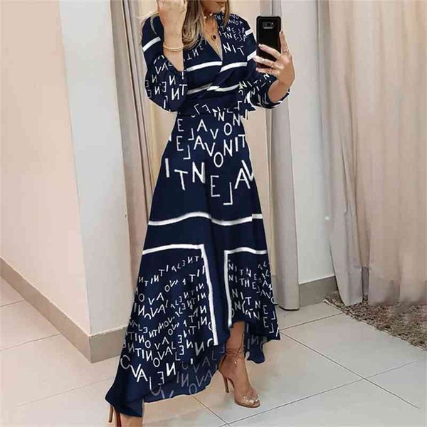 

2021 autumn new v-neck print fashion irregular big swing dress women, Black;gray