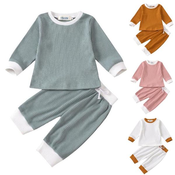 

clothing sets 2pcs born infant boy girl solid color striped long sleeve t-shirt trousers casual outfits set 0-36m, White