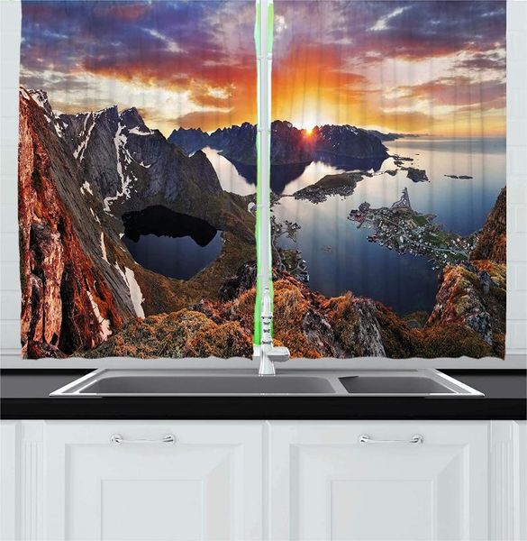 

curtain & drapes blue orange modern kitchen curtains aerial view mountain range creek northern horizon idyllic artwork for cafe decor