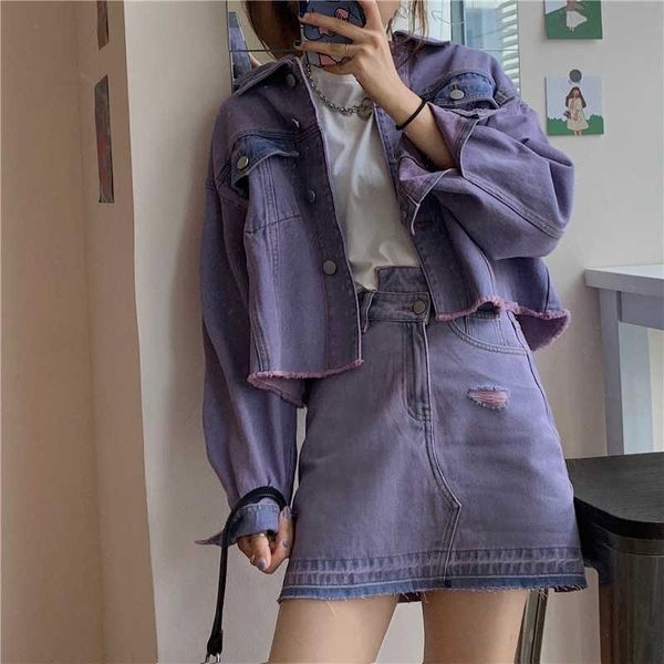 

women's jackets wenfly women denim loose jacket outerwear high waist mini skirt korean streetwear purple harajuku two piece set, Black;brown