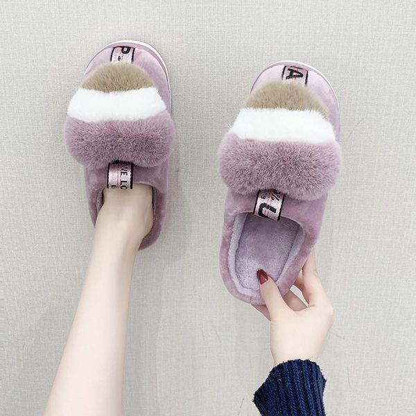 

slippers plush winter women home with sewing line warm shoes woman slip on female slides plus size 40, Black