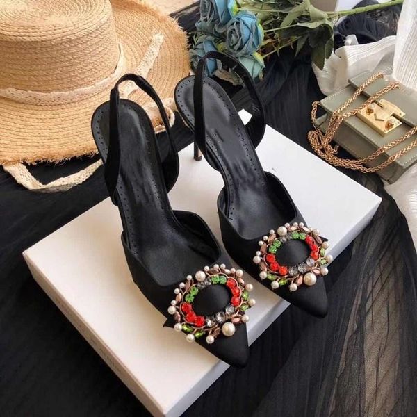 

rhinestone buckle high heel sandals woman pointed toe solid colour ladies shoes luxury designer brand female 5.5cm, Black