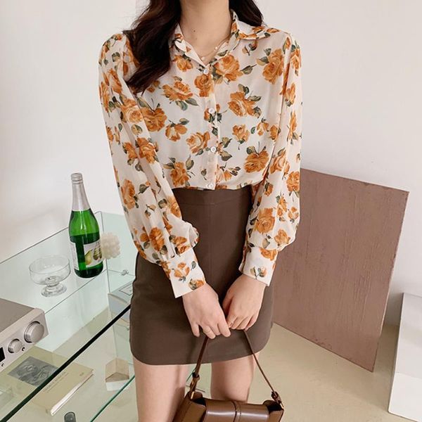 

women's blouses & shirts 2021 summer women shirt female blouse floral retro casual turn-down collar chiffon long sleeve loose elegant o, White
