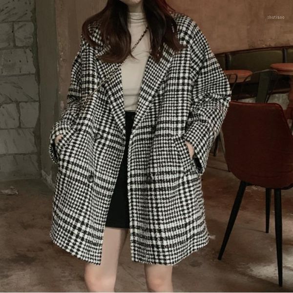 

women's wool & blends autumn and winter 202120 korean style retro fashion elegance plaid mid-length woolen coat overcoat women, Black