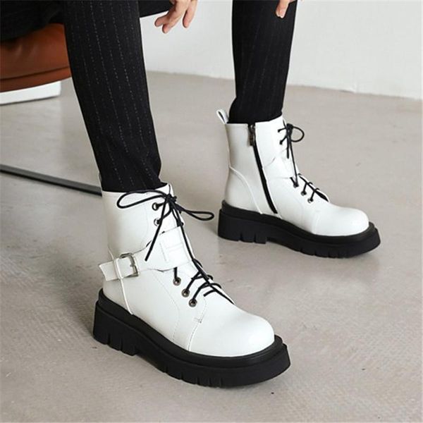 

boots pxelena women platform ankle patent leather buckle chunky heels thick sole punk rock gothic combat black white 34-43
