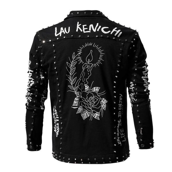

men's jackets punk rivet denim jacket men hip hop jeans hipster printed slim outwear fashion streetwear for male 2021 coat, Black;brown