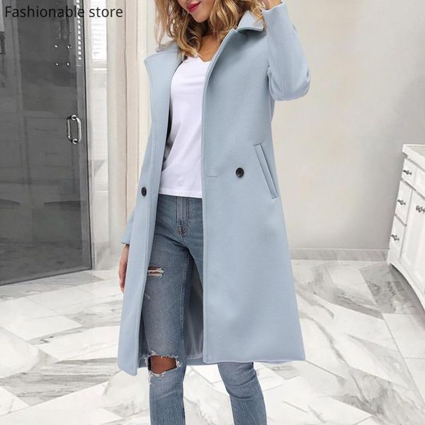 

women's wool & blends solid color lapel coat female casual long sleeve buttoned pocket turn-down collar x-long woolen, Black