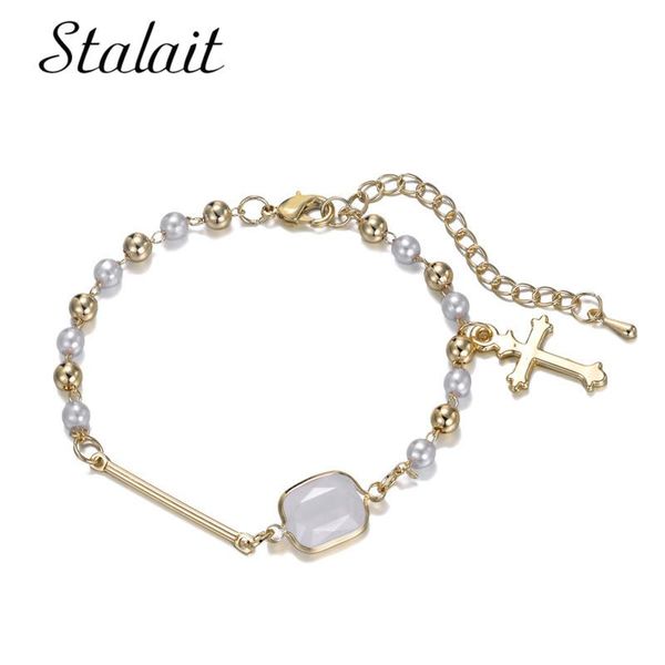 

charm bracelets square opal golden cross pendant women luxury jewelry gold metal ball baroque pearl chain charms bracelet 2021, Golden;silver