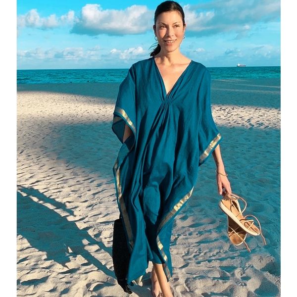 Lässige Bikini-Vertuschungen, blaue Tunika, sexy gestreiftes Sommerkleid, elegante Frauen, Strandkleidung, Badeanzug, Vertuschung 210319