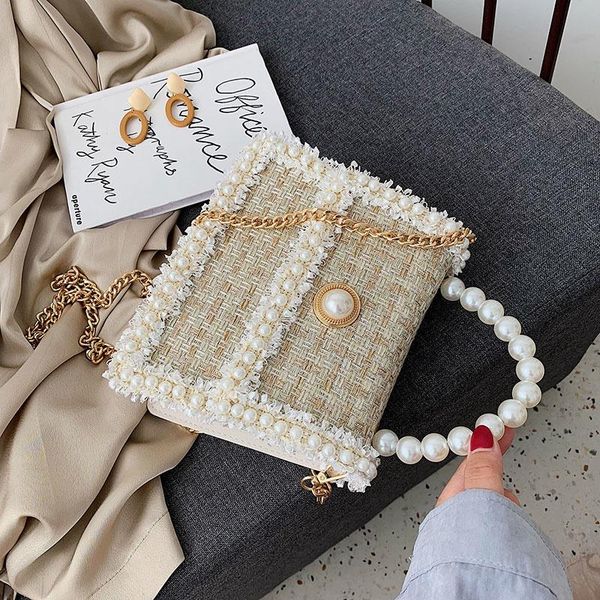 

evening bags elegant female pearl tote bag 2021 fashion woolen women's designer handbag chain shoulder messenger purses