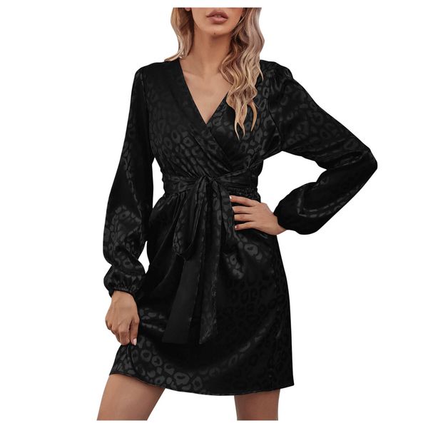 

fashion women casual loose leopard printed v-neck long sleeve dress, Black;gray