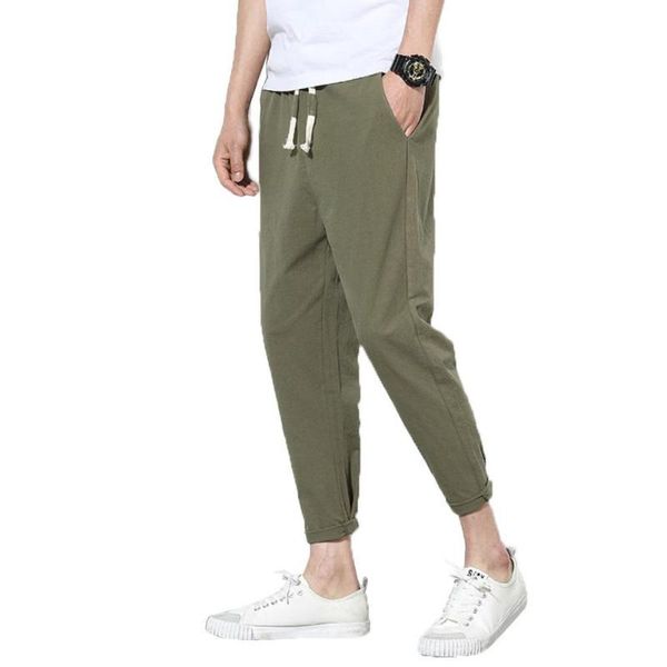 

men's pants men casual solid color waist drawstring long trousers loose cotton harem, Black