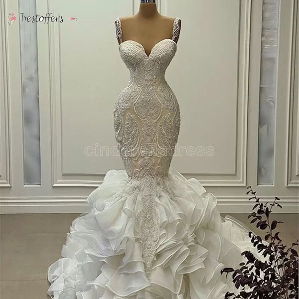 2022 Ruffles de Luxo de Luxo Ruffles Sereia Vestidos De Noiva Cristais Laço Frisado Appliqued Vestidos Lindos Vestidos de Casamento Correias Sweetheart Pescoço Lace-up Personalizado Feito no Noiva