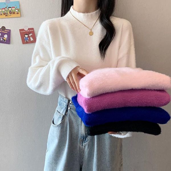 

women's sweaters knitted sweater fashion cashmere for women thickened solid long sleeve female half high collar basic ol, White;black