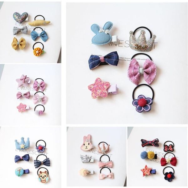 

hair accessories 5set/lot girls hairpin set flower cartoon bear clips children candy color elastic bands kids gift barrette, Slivery;white