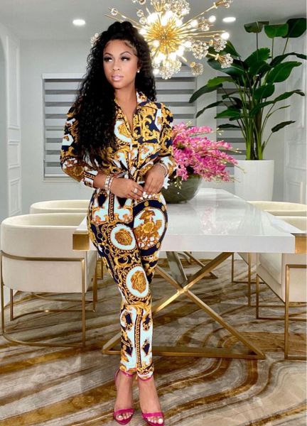 

autumn european and american women's two piece pants lantern sleeve printed shirt suit, White