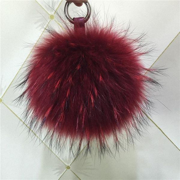 

keychains 16cm luxury fluffy real raccoon fur ball pompom plush size genuine keychain metal ring pendant bag charm twk042-winered, Silver