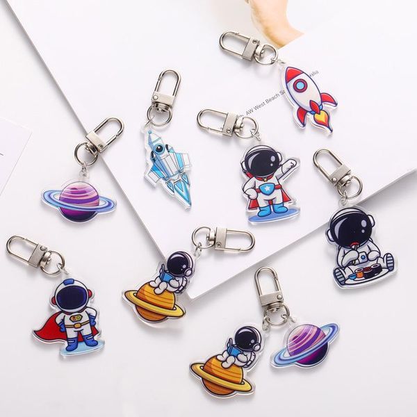 

keychains fashion mini spaceman astronaut keychain solar system planetary galaxy spaceship rocket key holder men's car keyring pendant, Silver