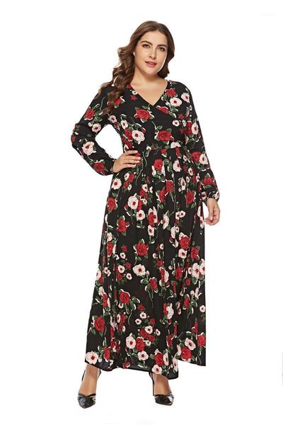 

casual dresses spring autumn women dress v neck long sleeve printed flower xl-6xl plus size vestido longo, Black;gray
