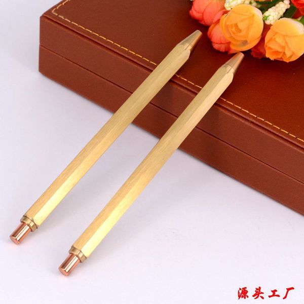 

pen brass ancient copper push ball point metal polygonal hexagonal bar, Blue;orange
