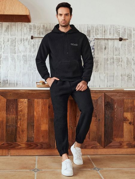 

men letter embroidery drawstring teddy hoodie & pants 23sl#, Gray